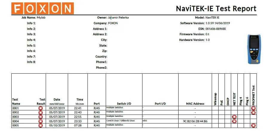 NaviTEK IE – overview of PROFINET devices in a diagnostic report