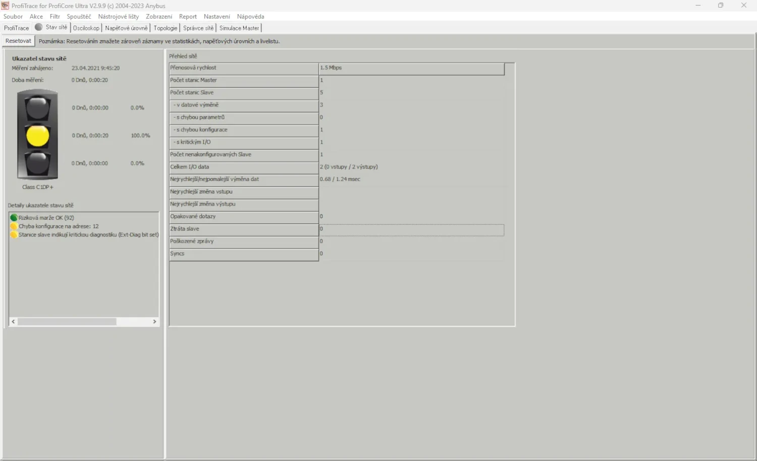 Semafor zobrazující stav sítě PROFIBUS, tester ProfiTrace 2