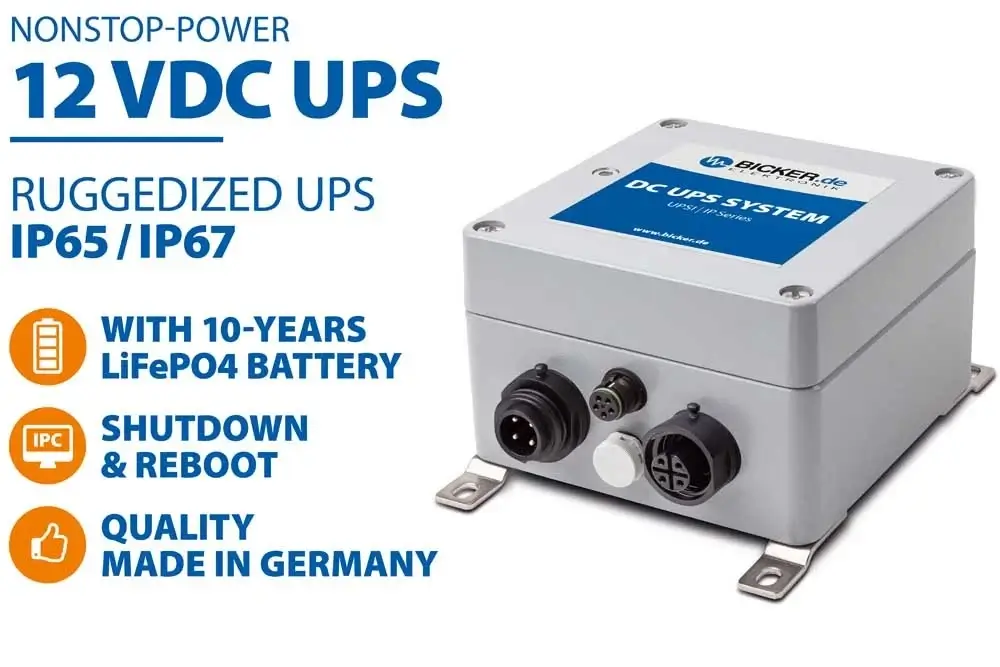 96 W 12 VDC / 8 A rugged industrial Bicker DC UPS backup power supply with LiFePO4 battery and IP67 protection