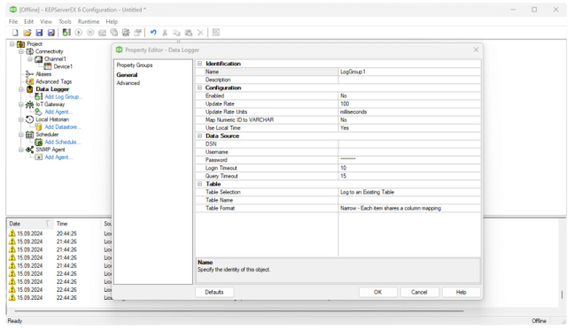 ODBC Datalogger - set the logging group name & settings