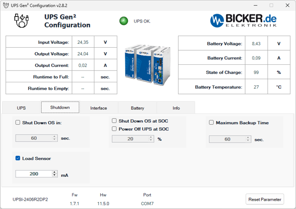 144 W 24 VDC / 6 A UPS backup power supply Bicker with supercapacitor and USB-C + RS485 Modbus interfaces