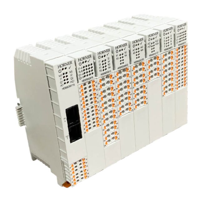 OCS-I/O – modular CsCAN I/O system for HORNER PLCs - Versión: Basic module + 2× flex DI/AI (12bit), 2× DO, 1× univ. AI (16bit), 1× AO