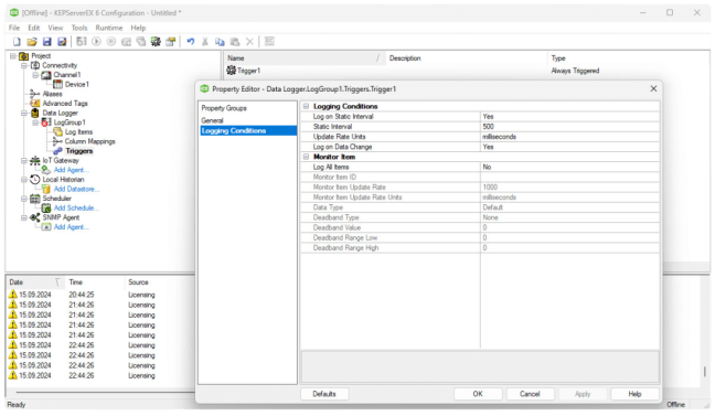 ODBC Datalogger -  advanced settings of the selected trigger