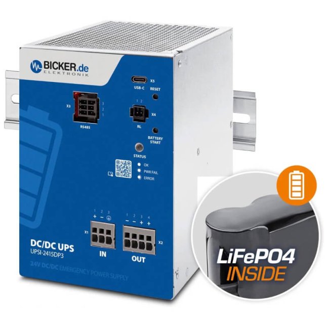 360 W 24 VDC / 15 A UPS backup power supply Bicker with LiFePO4 battery and USB-C + RS485 Modbus interfaces