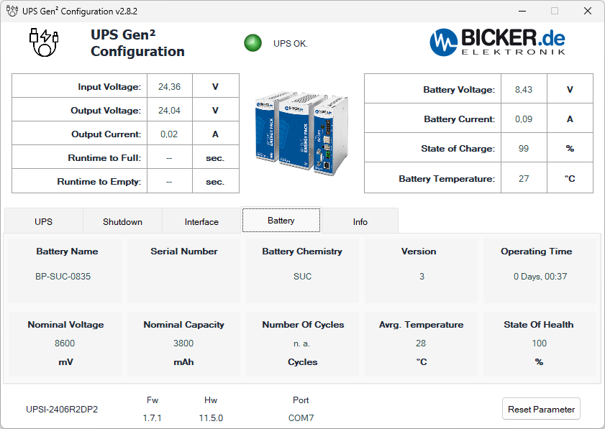 144 W 24 VDC / 6 A UPS backup power supply Bicker with supercapacitor and USB-C + RS485 Modbus interfaces
