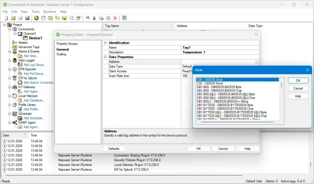 TOP 100 servidores OPC UA/DA en una licencia de Kepware Server, Manufacturing Suite