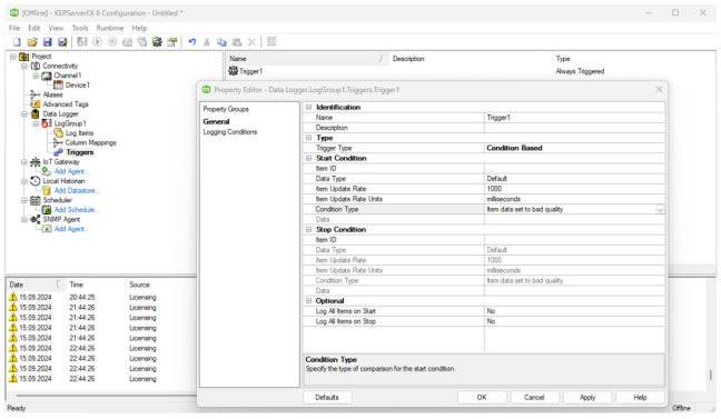 ODBC Datalogger - "Condition based" trigger setting