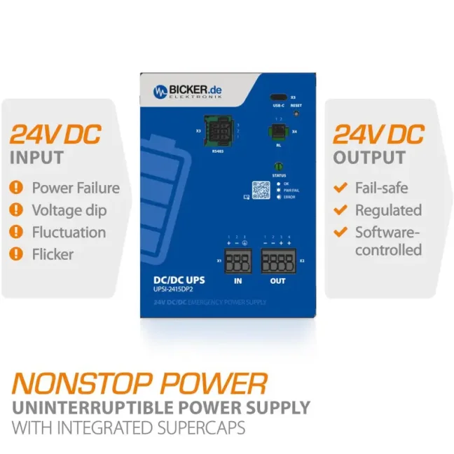 360 W 24 VDC / 15 A UPS backup power supply Bicker with supercapacitor and USB-C + RS485 Modbus interfaces