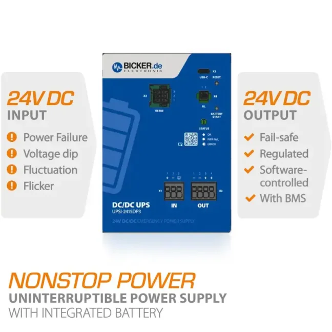 360 W 24 VDC / 15 A UPS backup power supply Bicker with LiFePO4 battery and USB-C + RS485 Modbus interfaces