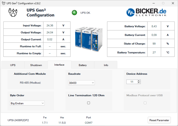 144 W 24 VDC / 6 A UPS backup power supply Bicker with supercapacitor and USB-C + RS485 Modbus interfaces