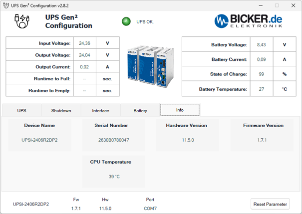 144 W 24 VDC / 6 A UPS backup power supply Bicker with supercapacitor and USB-C + RS485 Modbus interfaces