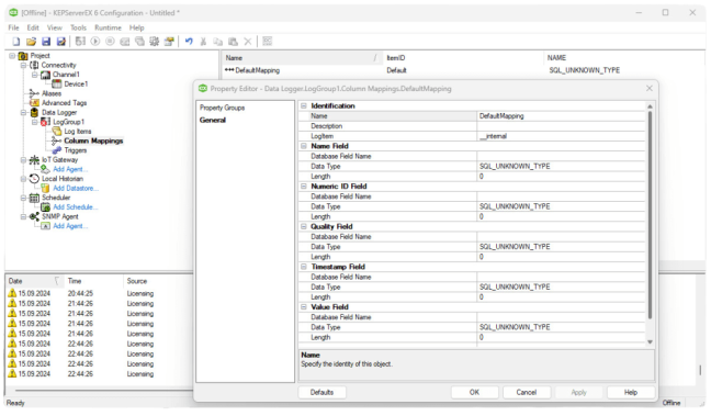 ODBC Datalogger - database mapping settings