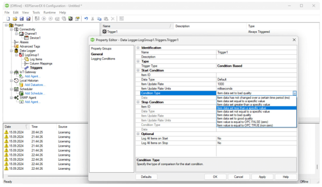 ODBC Datalogger - selection of the condition for starting/stopping data storage at the "Condition based" trigger