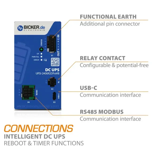 144 W 24 VDC / 6 A UPS záložní zdroj Bicker se superkondenzátorem a rozhraními USB-C + RS485 Modbus