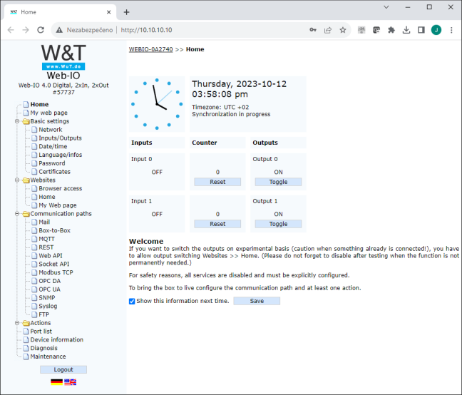 Ethernet IO remote digital inputs outputs 24V: 2xDI, 2xDO, Modbus TCP, REST, MQTT, OPC UA