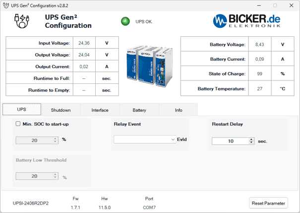 144 W 24 VDC / 6 A UPS backup power supply Bicker with supercapacitor and USB-C + RS485 Modbus interfaces