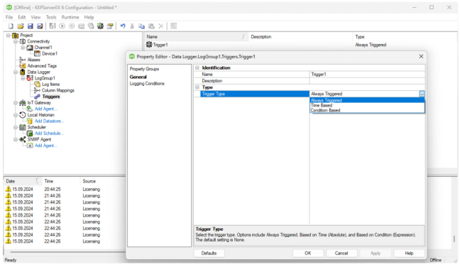 ODBC Datalogger - selection of the trigger to start archiving OPC tags to the database