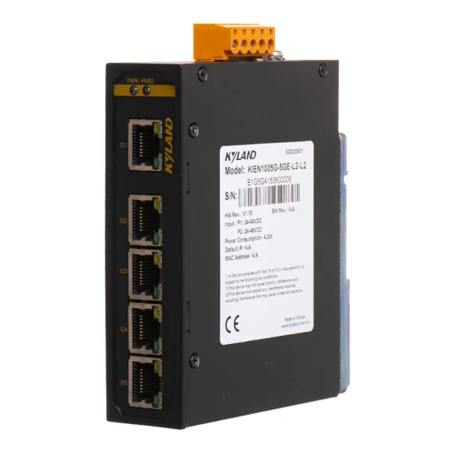 Industrial switch 5x 1Gbit RJ45, unmanaged, power supply 12-48VDC, metal chassis.