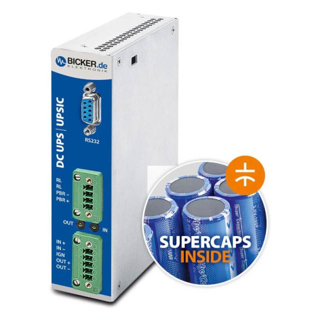 60 W DC/DC converter (16–32 VDC → 12 VDC / 5 A) with Bicker UPS, 0,50 Wh supercapacitor
