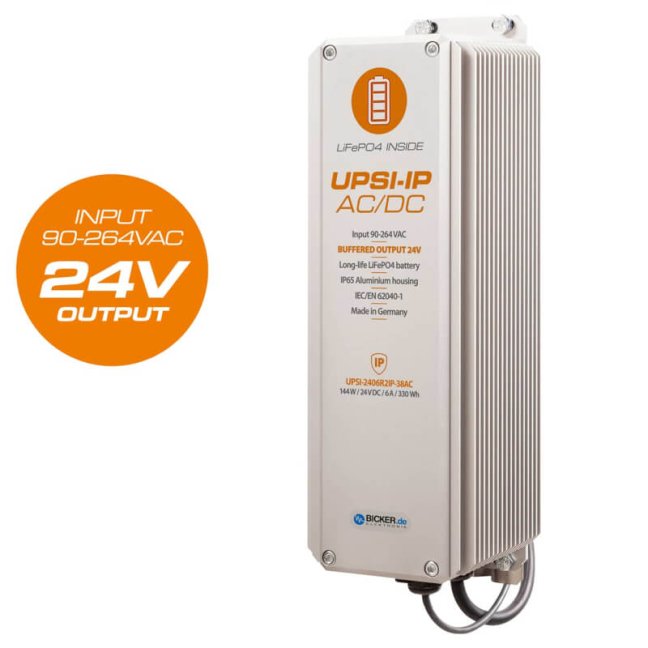144 W 24 VDC / 6 A rugged industrial Bicker AC/DC UPS IP65 with LiFePO4 battery