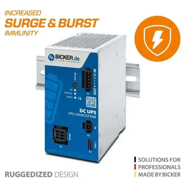 144 W 24 VDC / 6 A UPS záložní zdroj Bicker se superkondenzátorem a rozhraními USB-C + RS485 Modbus