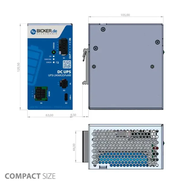 144 W 24 VDC / 6 A UPS záložní zdroj Bicker se superkondenzátorem a rozhraními USB-C + RS485 Modbus