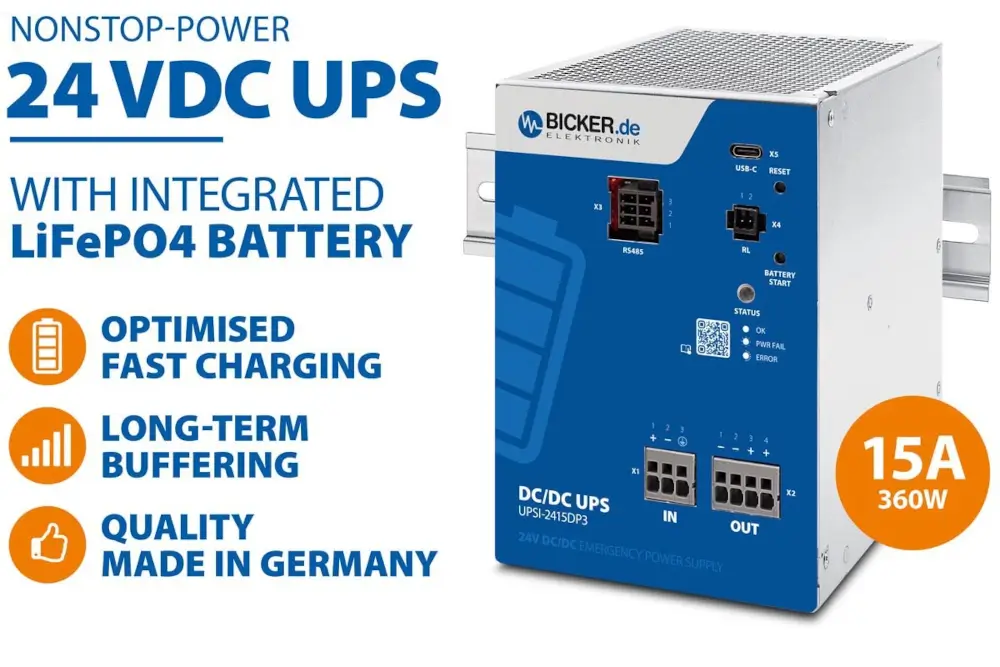 Bicker UPSI-2415DP3 on a DIN rail: backup unit with battery, 15 A current and 360 W power