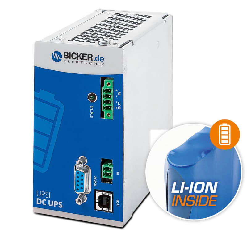 Bicker UPSI-2406DP1 industrial DC UPS backup power supply with integrated Li-Ion battery