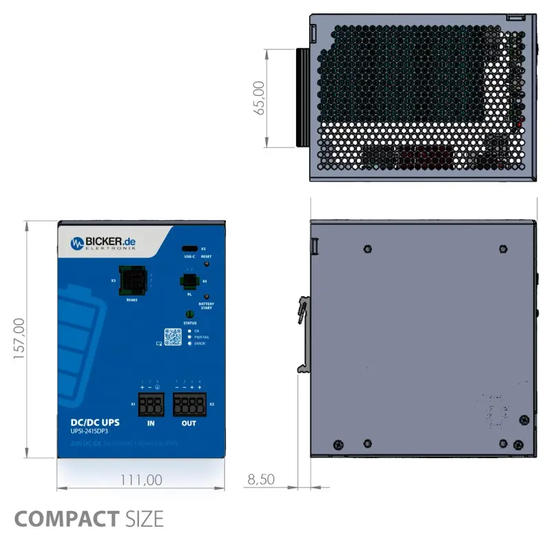 Dimensions and aluminium housing of the Bicker UPSI-2415DP3 for DIN rail mounting