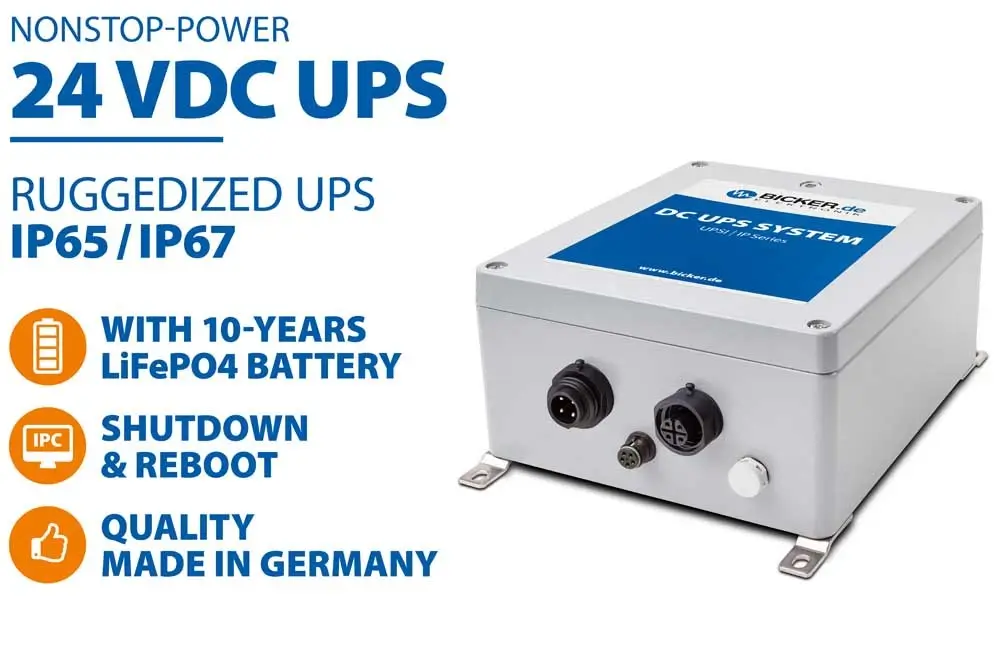 144 W 24 VDC / 6 A rugged industrial Bicker IP67 DC UPS backup power supply with 99 Wh LiFePO4 battery