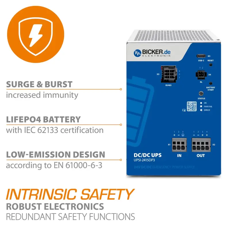 Bicker UPSI-2415DP3: protection against electrical interference and surges, LiFePO4 battery and protective electronics