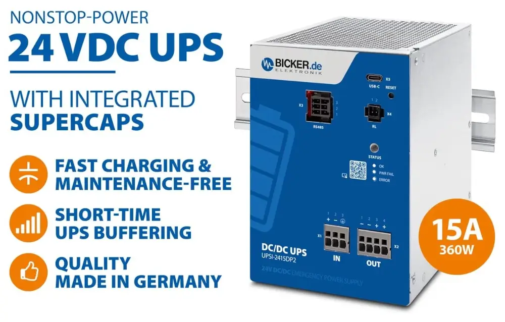 Bicker UPSI-2415DP2 on a DIN rail: backup unit size, 15 A current and 360 W power