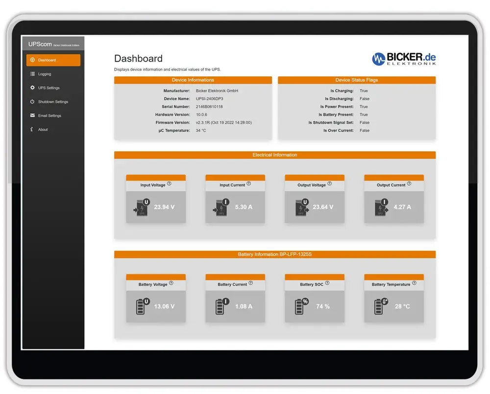UPScom software for monitoring and configuring Bicker UPS systems