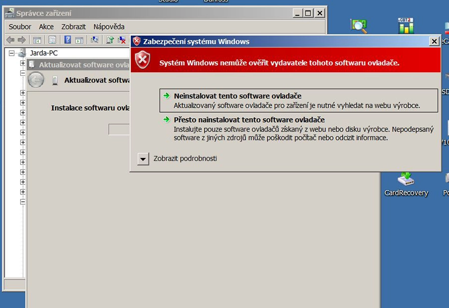 Potvrzení instalace neověřeného ovladače